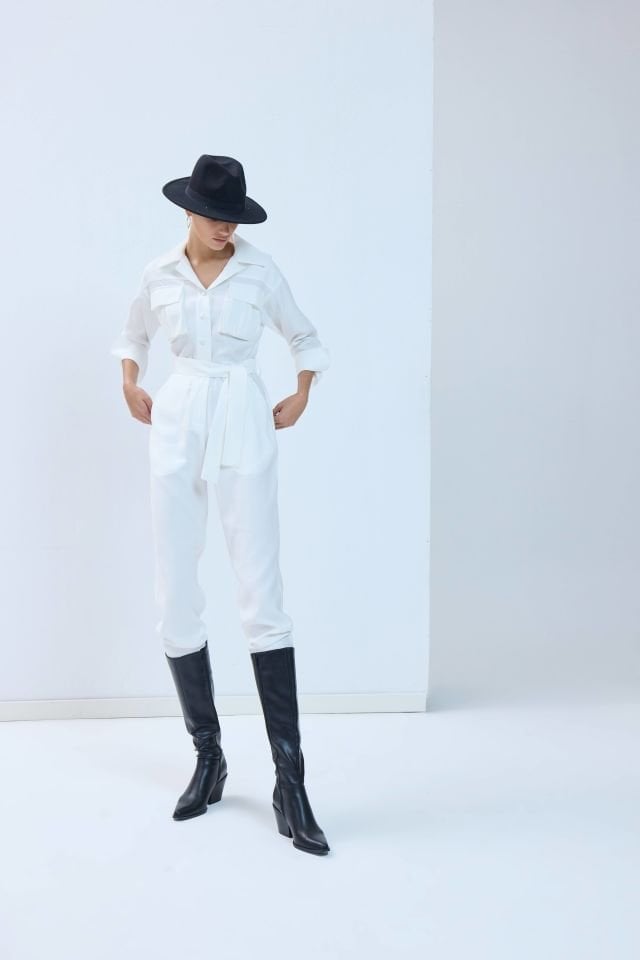 Uzun Kollu Modal Tulum - Beyaz