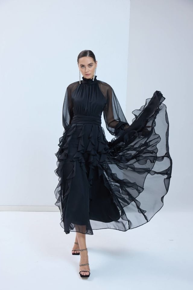 Fırfırlı Şifon Elbise - Siyah