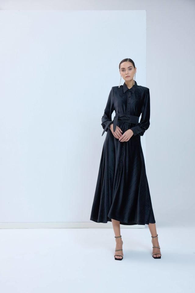 Kloş Etekli Kadife Gömlek Elbise