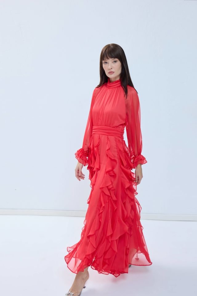 Fırfırlı Şifon Elbise - Nar Çiçeği