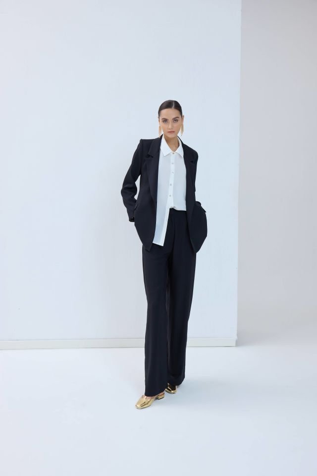 Oversize Blazer Ceket Palazzo Pantolon Takım - Siyah