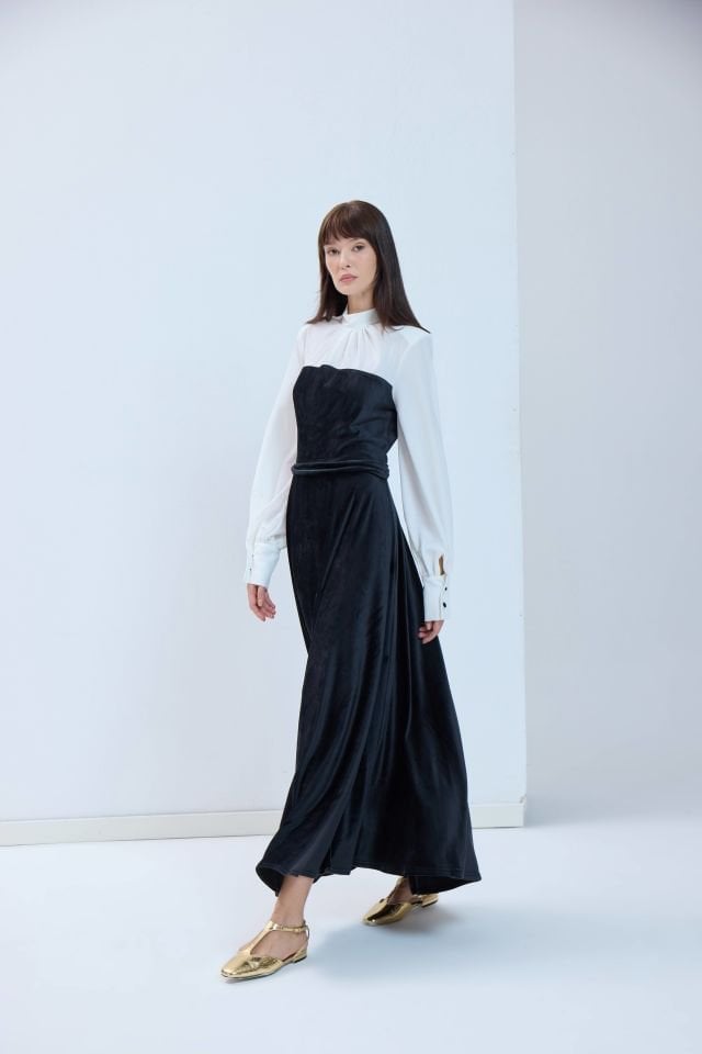 Balıkçı Yaka Kadife Kloş Elbise