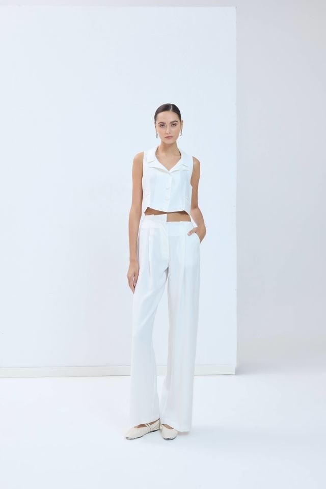 Asimetrik Belli Modal Pantolon - Beyaz