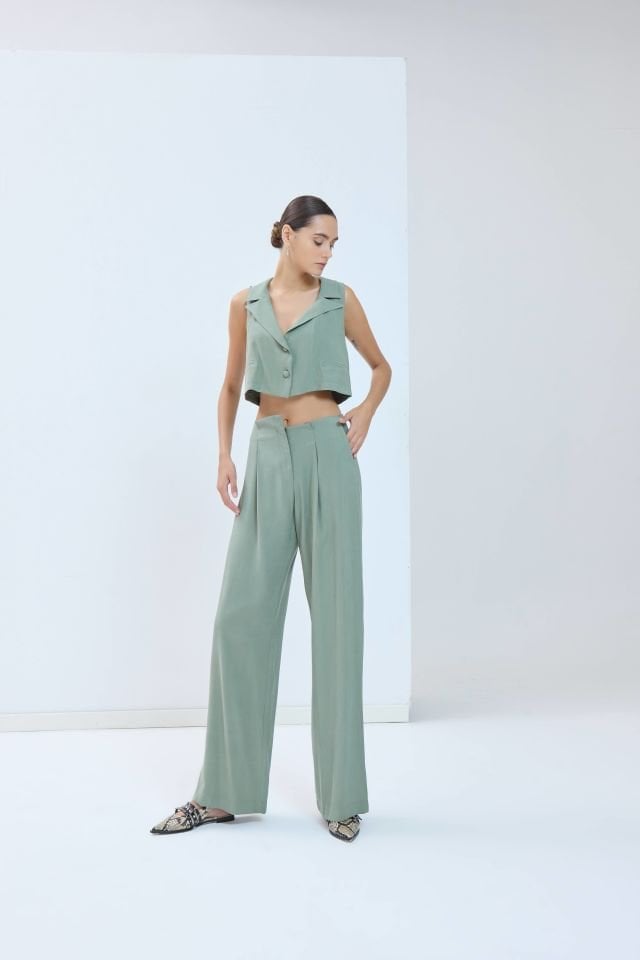 Asimetrik Belli Modal Pantolon - Yeşil