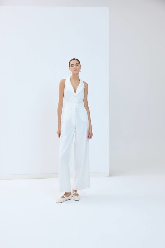 Reglan Kesimli Ceket Yaka, Kolsuz Modal Tulum - Beyaz