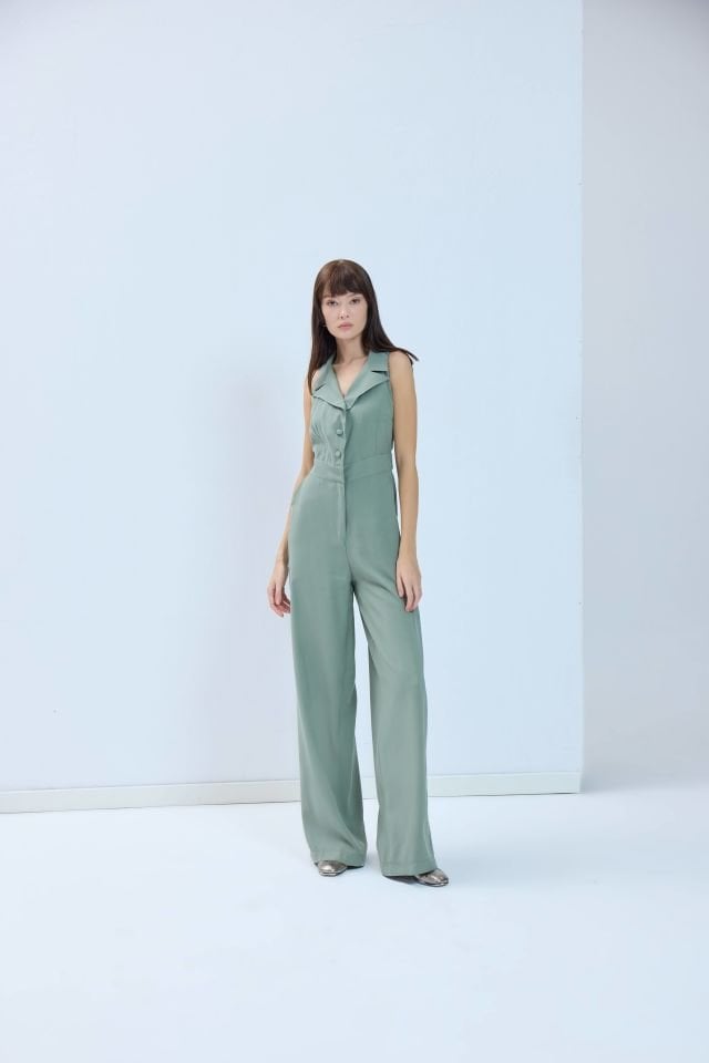 Reglan Kesimli Ceket Yaka, Kolsuz Modal Tulum - Yeşil