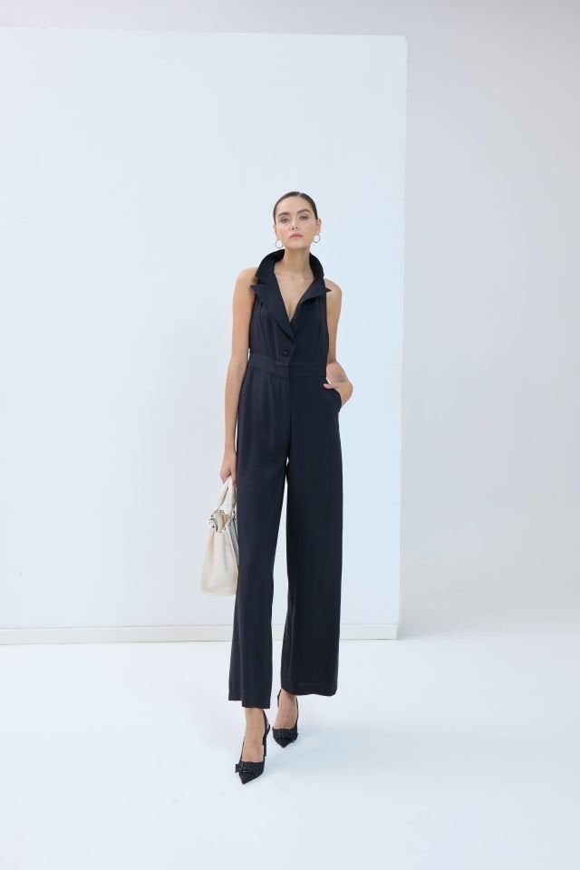 Reglan Kesimli Ceket Yaka, Kolsuz Modal Tulum - Siyah