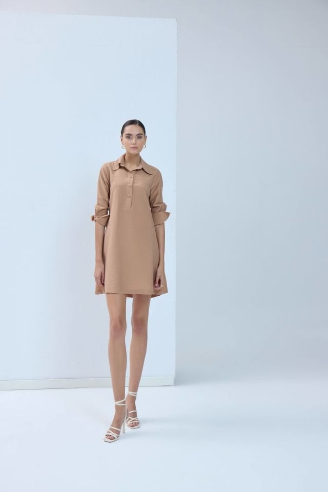Tensel Gömlek Yaka Mini Elbise - Tarçın