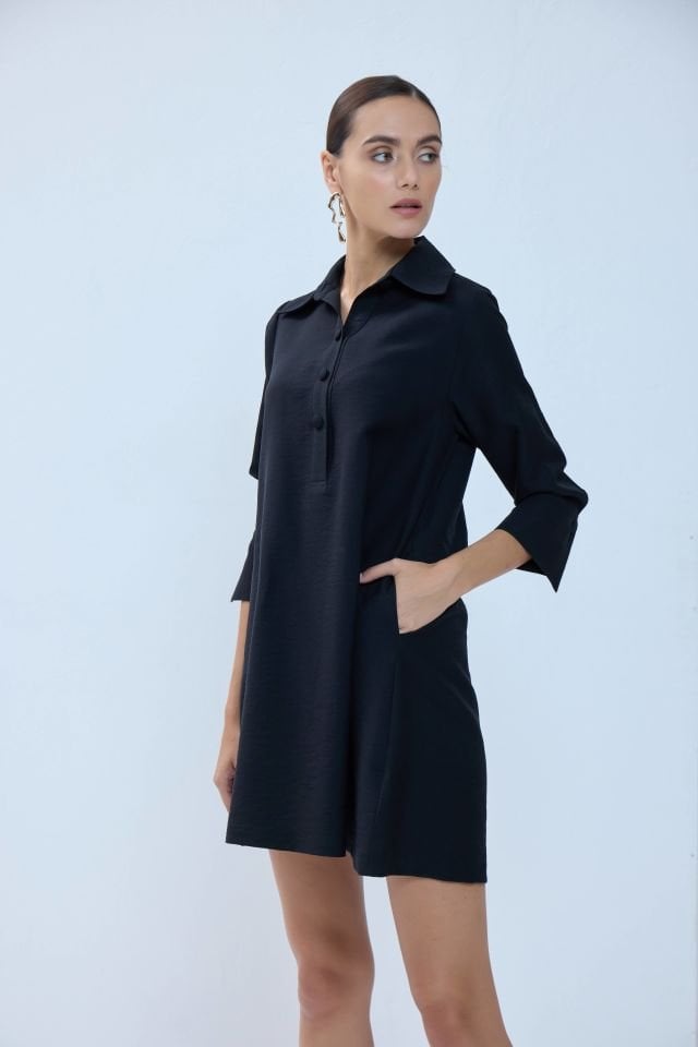Tensel Gömlek Yaka Mini Elbise - Siyah