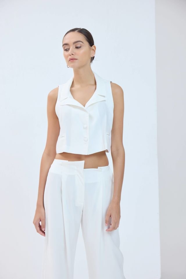 Modal Çift Düğmeli Yelek - Beyaz