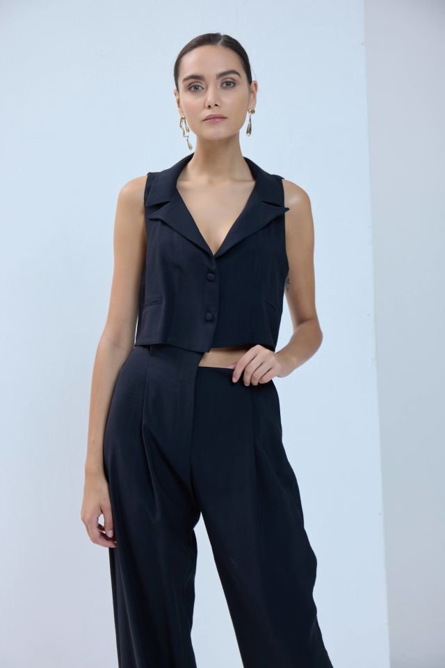 Modal Çift Düğmeli Yelek - Siyah