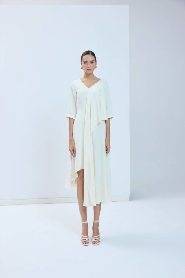 Asimetrik Detaylı Kokteyl Elbise - Ekru