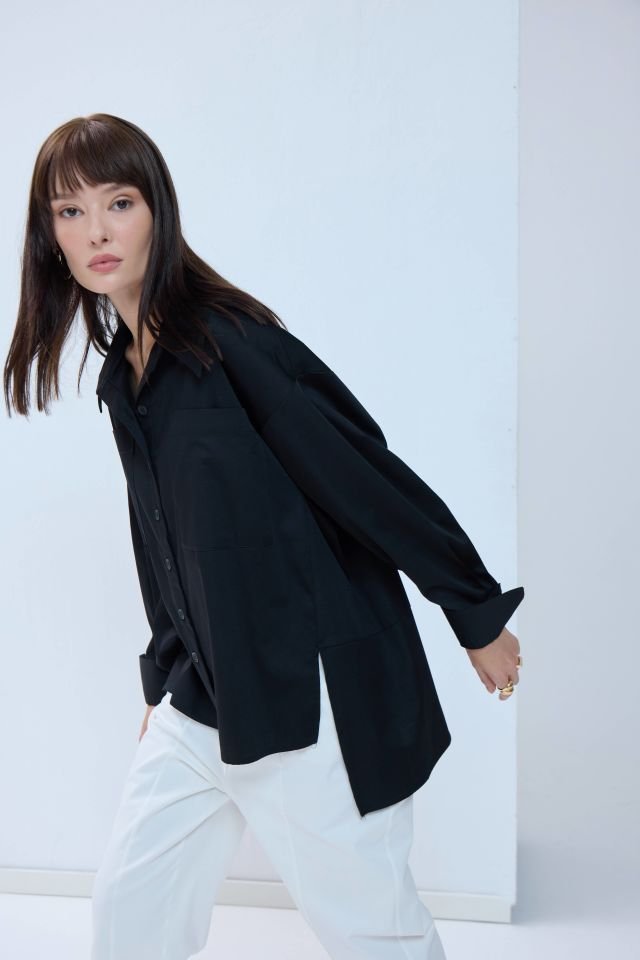 Yandan Yırtmaçlı Gömlek - Siyah