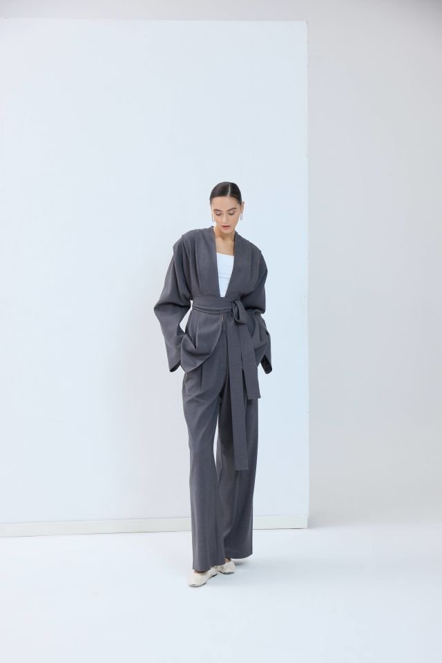 Star Kuşaklı Ceket Pantolon Takım - Gri